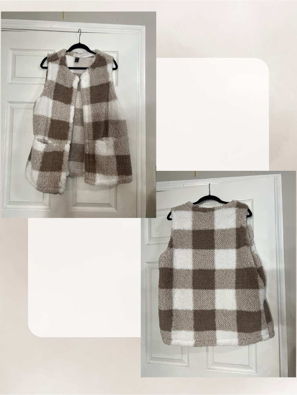 Cozy Plaid Teddy Vest in Beige & White